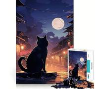 Puzzle de 1000 pièces pour Adolescents Chat Lune Art Japonais aux découpes nettes Jeu cognitif Cadeau pour des Moments de détente Décoration de Noël (38x26cm)