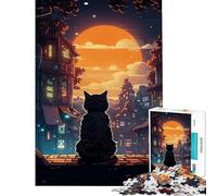 Puzzle de 1000 pièces pour Adolescents Chat Lune Nuit Jouet Animalier Jeu intellectuel et éducatif Anti-Stress Cadeau d'anniversaire (Dimensions 38x52cm)