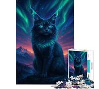 Puzzle de 1000 pièces pour Adolescents Chat Mystique sous aurores boréales Jeu Stimulant Anti-Stress pour Un Père Noël Secret (75x50cm)