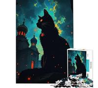 Puzzle de 1000 pièces pour Adolescents Chat Noir et église d'europe de l'est Jeu Stimulant et Impossible idéal comme Cadeau d'anniversaire pour Les Couples (Taille 75x50cm)