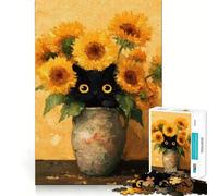 Puzzle de 1000 pièces pour Adolescents Chat Noir et tournesols,Peinture,Bords Nets,Jeu de logique,Moment de détente,Cadeau Artistique de Noël (38x26cm)