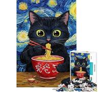 Puzzle de 1000 pièces pour Adolescents Chat Noir Mangeant des Ramen Style Van Gogh Jeu de détente pour Adultes idéal pour améliorer la mémoire Cadeau Parfait pour Les Amis et la Famille (38x26cm)