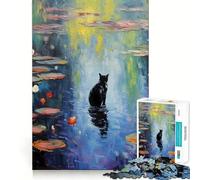 Puzzle de 1000 pièces pour Adolescents Chat Noir Monet Nénuphar Articulations Lisses,Jeu de réflexion Amusant,Cadeau,Jeu de détente,Loisirs créatifs de Noël (50x75cm)