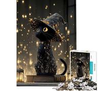 Puzzle de 1000 pièces pour Adolescents Chat Noir Portant Un Chapeau de sorcière Jeu Manuel éducatif et Stimulant Cadeau pour Femmes et Hommes décoration intérieure (Taille 50x75cm)