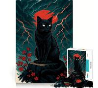 Puzzle de 1000 pièces pour Adolescents Chat Noir sous la Lune Rouge,Style Japonais,Assemblage Lisse,Jeu de réflexion Amusant,Cadeau Relaxant,activité de Loisirs pour Noël (38x26cm)