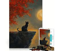 Puzzle de 1000 pièces pour Adolescents Chat Noir sous la Pleine Lune,découpe précise,Jeu Stimulant,Moment de détente,Loisirs créatifs de Noël (38x26cm)
