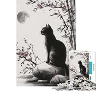 Puzzle de 1000 pièces pour Adolescents Chat Noir sous Les cerisiers en Fleurs au Clair de Lune Jeu éducatif et ludique idéal pour Toute la Famille Cadeau Parfait pour Un Anniversaire (38x26cm)
