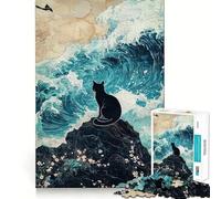 Puzzle de 1000 pièces pour Adolescents Chat Noir sur Un Rocher avec des Vagues,Assemblage Lisse et Amusant,Jeu de réflexion,Cadeau,Jeu Relaxant,activité de Loisirs pour Noël (38x52cm)