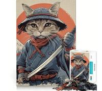 Puzzle de 1000 pièces pour Adolescents Chat samouraï Guerrier Japonais,Jeu d'art sans Couture pour la Concentration et Le Temps de détente,Cadeau de Noël et de Loisirs (38x26cm)