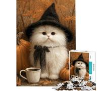 Puzzle de 1000 pièces pour Adolescents Chat sorcière Blanche d'halloween avec citrouilles Jeu Familial pour Adultes découpe de précision Jeu Stimulant Cadeau (Taille 38x52cm)