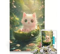 Puzzle de 1000 pièces pour Adolescents Chaton Blanc dans Une Barque en Feuille Jeu éducatif défi Stimulant Cadeau d'anniversaire Original 38x52cm