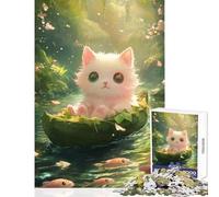 Puzzle de 1000 pièces pour Adolescents Chaton Blanc dans Une Barque en Feuilles Jeu Anti-Stress Cadeau de Père Noël Secret Casse-tête liste de souhaits avec Le Père Noël Dimensions 38x52cm