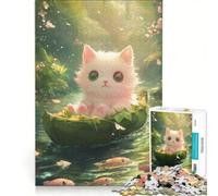 Puzzle de 1000 pièces pour Adolescents Chaton Blanc dans Une Barque en Feuilles Jouet à Monter soi-même décoration Murale avec des pièces de Formes aléatoires Parfaitement emboîtables 50x75cm