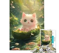 Puzzle de 1000 pièces pour Adolescents Chaton Blanc dans Une Barque en Feuilles Stimule Le Cerveau Apprentissage et décoration Murale Convient aux Personnes de 14 Ans et Plus 38x52cm