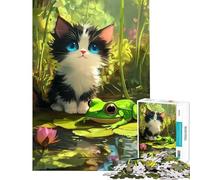 Puzzle de 1000 pièces pour Adolescents : Chaton et Grenouille au Bord de l'étang Jeu Difficile et Stimulant pour Toute la Famille Décoration intérieure À partir de 14 Ans Jeu de Puzzle (38x26cm)
