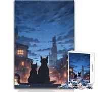 Puzzle de 1000 pièces pour Adolescents : Chats contemplant Un Paysage Urbain Nocturne Jeu intellectuel idéal pour se détendre à la Maison ou comme Cadeau de Noël Secret Dimensions : 38x26cm