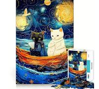 Puzzle de 1000 pièces pour Adolescents Chats dans Un Bateau,Style Nuit étoilée,découpe Fine,Jeu de Concentration, pour se détendre,Cadeau de Noël ou de Loisirs (38x26cm)