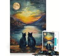 Puzzle de 1000 pièces pour Adolescents Chats Noirs,Van Gogh,Lune,Bords Nets,Jeu de logique,Moment de détente et de Divertissement,Cadeau Artistique de Noël (38x26cm)