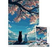Puzzle de 1000 pièces pour Adolescents Chats sous Les cerisiers en Fleurs Jeu à Monter soi-même Idée Cadeau Activité Manuelle Amusante à Faire à la Maison Dimensions 50x75cm