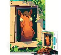 Puzzle de 1000 pièces pour Adolescents Cheval de Dessin animé regardant par la fenêtre Jeu d'assemblage précis Défi Mental Jouet pour Un Moment de Calme et de Divertissement Scène de Noël (50x75cm)