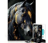 Puzzle de 1000 pièces pour Adolescents Cheval Noir aux veines dorées,découpe précise,Jeu Stimulant,Moment de détente,activité créative pour Noël (38x52cm)