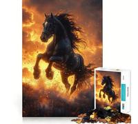Puzzle de 1000 pièces pour Adolescents Cheval Noir,feu,Coucher de Soleil,articulations Lisses,Jeu de réflexion Amusant,Cadeau Relaxant,Loisir créatif de Noël (50x75cm)