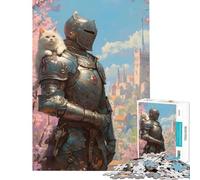 Puzzle de 1000 pièces pour adolescents Chevalier et chat dans une ville médiévale Activités amusantes à la maison cadeaux pour femmes jeux de détente Convient aux personnes de 14 ans et plus (38x26cm)