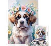 Puzzle de 1000 pièces pour Adolescents Chiot Saint-Bernard avec Couronne de Fleurs Aquarelle Décoration intérieure Jouet Jeu Familial Interaction Parent-Enfant Dimensions 50x75cm