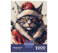 Puzzle De 1000 Pièces pour Adolescents Christmas Mysterious Cat Portrait with Santa Hat Puzzle pour Adultes Jeu Manuel Décoration Murale Cadeaux pour Amis Et Famille 52x38cm/1000pcs
