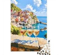 Puzzle De 1000 Pièces pour Adolescents Colorful Coastal Town with Wine Glasses Casse-têtes pour Adultes - Jeu De Réflexion, Analyse Et Logique - Stimule Le Cerveau 38x26cm/1000pcs