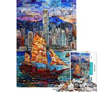 Puzzle de 1000 pièces pour Adolescents Coucher de Soleil dans Le Port de Hong Kong Jeu de réflexion Découpe de précision Idéal pour Un Anniversaire ou Noël (Dimensions 38x52cm)