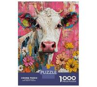 Puzzle De 1000 Pièces pour Adolescents Cow Painting with Flowers Puzzles pour Adolescents Jeux De Détente Difficulté Difficile Cadeaux pour Les Amis Et La Famille 52x38cm/1000pcs