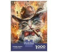 Puzzle De 1000 Pièces pour Adolescents Cowboy Cat Smoking Cigar Puzzle Adulte Jouets Anti-Stress Cadeaux pour Femmes Cadeaux Uniques pour Anniversaire Et Noël 52x38cm/1000pcs