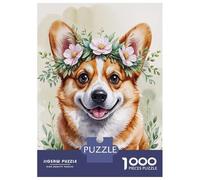 Puzzle De 1000 Pièces pour Adolescents Cute Corgi with Flower Crown Watercolor Puzzles pour Adultes Jeux De Détente Améliore La Mémoire Cadeaux De Noël Et d'anniversaire 70x50cm/1000pcs
