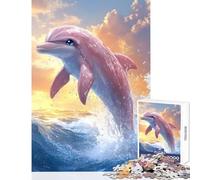 Puzzle de 1000 pièces pour Adolescents Dauphin Rose bondissant Hors des Vagues Jeu éducatif idéal pour Les Amateurs de Jeux impossibles Comprend Une Affiche et Une fiche de Questions 38x26cm