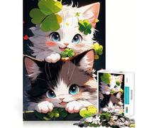 Puzzle de 1000 pièces pour adolescents Deux chats mignons avec des trèfles un puzzle bien ajusté pour développer l'esprit s'amuser et passer un bon moment ! Décoration de Noël pour la maison (38x52cm)