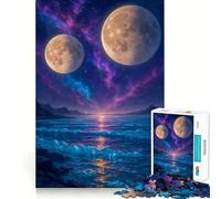 Puzzle de 1000 pièces pour Adolescents Deux lunes au-Dessus d'un océan Cosmique, Jeu de Concentration et de Divertissement, décoration Murale de Noël (50x75cm)