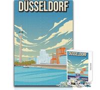Puzzle de 1000 pièces pour Adolescents,Düsseldorf,Allemagne Affiche de Voyage Vintage Rheinturm,fleuve Rhin Jeu au Design Magnifique,défi Stimulant pour Un Anniversaire Dimensions 38x52cm