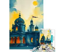 Puzzle de 1000 pièces pour Adolescents Église à l'aquarelle au Coucher du Soleil Jeu éducatif et de précision Cadeau (Dimensions 38x52cm)