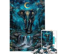 Puzzle de 1000 pièces pour Adolescents Éléphant dans Une forêt Turquoise avec Lune Puzzle pour Adultes Jeux relaxants améliore la mémoire Cadeau d'anniversaire Unique (Taille 38x26cm)