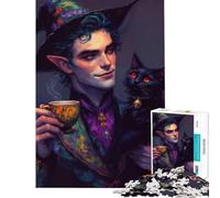 Puzzle de 1000 pièces pour Adolescents Elfe Magicien avec Chat Noir et thé Jeu éducatif Cadeau d'anniversaire Modèle à Assembler (Dimensions 38x26cm)