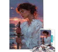 Puzzle de 1000 pièces pour Adolescents Femme avec Une épée au Coucher du Soleil Peinture Activités ludiques à Faire à la Maison Jeu Anti-Stress Pratique Convient aux 14 Ans et Plus (38x52cm)