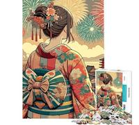 Puzzle de 1000 pièces pour adolescents fille en kimono d'anime regardant un feu d'artifice Jeu amusant pour adolescents découpe de précision cadeau unique pour un anniversaire ou Noël (taille 38x52cm)