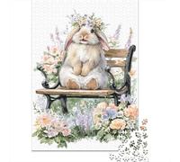 Puzzle De 1000 Pièces pour Adolescents Floral Bunny Garden Bench Puzzles pour Adultes Vacances À La Maison Tuer Le Temps Chaque Pièce Est Unique pour Les Jeux 38x26cm/1000pcs