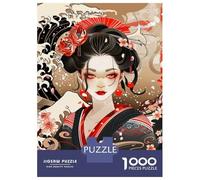 Puzzle De 1000 Pièces pour Adolescents Geisha Portrait with Floral and Wave Motifs Puzzle Anti-Stress, Amusant Et Original, Cadeau Unique pour Un Anniversaire Ou Noël 38x26cm/1000pcs