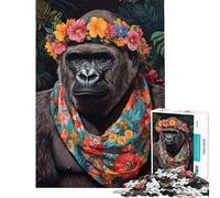 Puzzle de 1000 pièces pour Adolescents Gorille avec Bandeau Fleuri Jeux de détente décoration Parfaite activités Amusantes à la Maison (Taille 38x26cm)