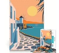 Puzzle de 1000 pièces pour Adolescents,Grèce,Mykonos,Style Minimaliste,Bords épurés,Jeu de Concentration,Cadeau,Jeu de détente,décoration Murale de Noël (50x75cm)