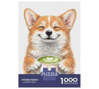 Puzzle De 1000 Pièces pour Adolescents Happy Corgi with Matcha Latte Puzzles pour Adultes Vacances À La Maison Tuer Le Temps Chaque Pièce Est Unique pour Les Jeux 38x26cm/1000pcs