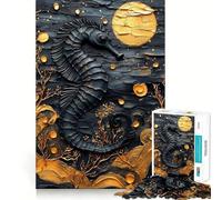 Puzzle de 1000 pièces pour Adolescents Hippocampe Noir aux Accents dorés,découpe précise,Jeu Stimulant,Moment de détente,décoration de Noël (38x52cm)