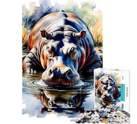 Puzzle de 1000 pièces pour Adolescents Hippopotame Aquarelle dans l'eau Difficile et Stimulant mais Amusant et Humoristique décoration Murale Convient aux 14 Ans et Plus 38x52cm